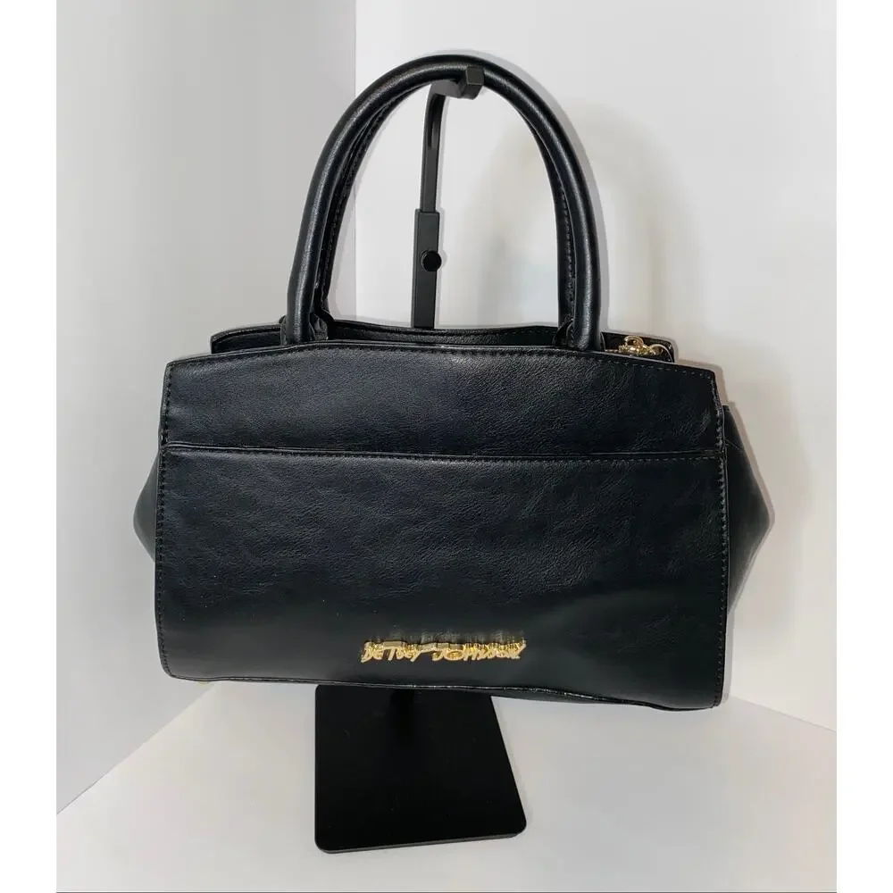 Betsey Johnson Black Satchel Handbag with Leopard Bow Accent